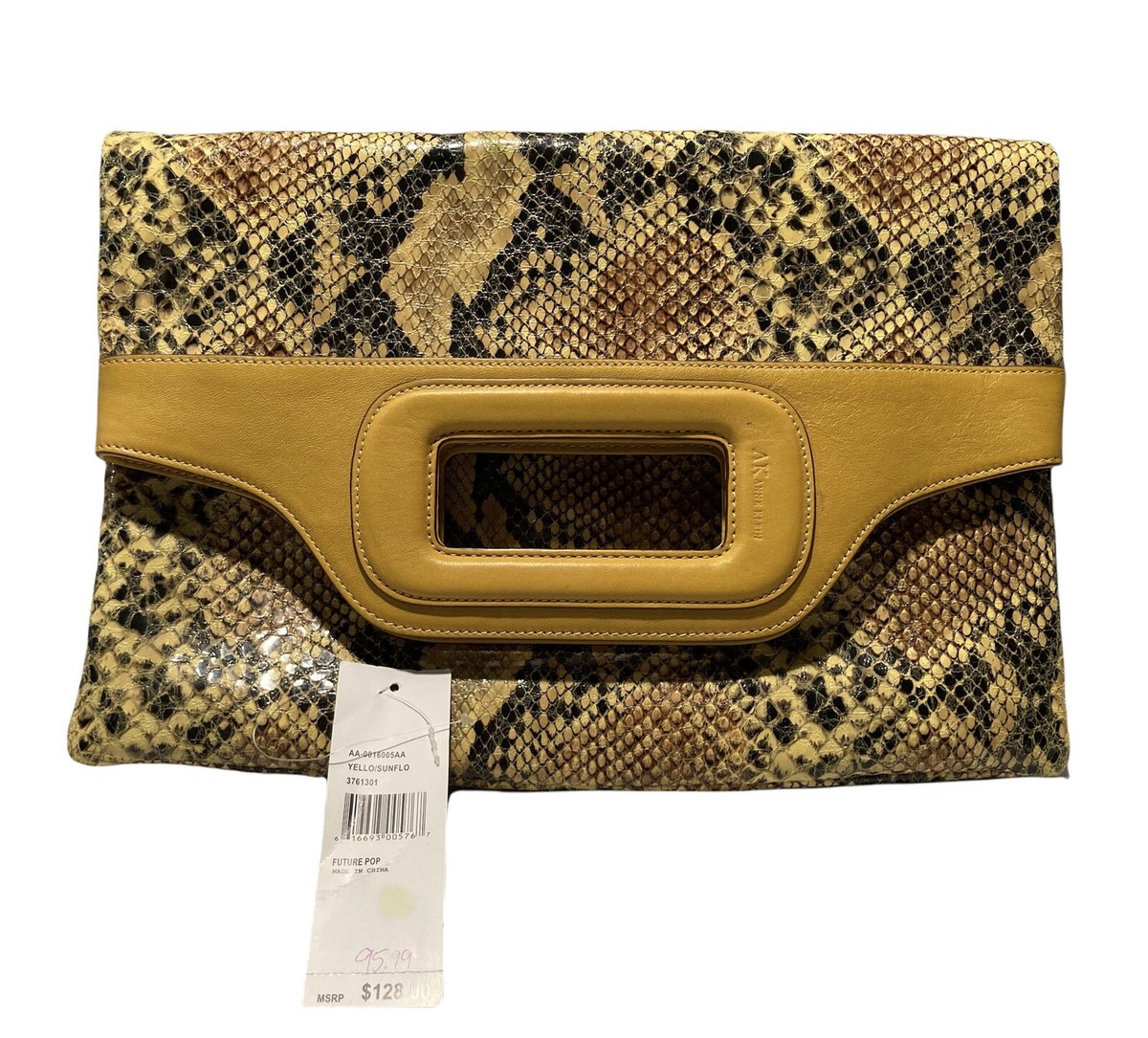 VTG Anne Klein Future Pop Yellow Purse Bag Clutch Retro 70s Reptile Leather  Trim