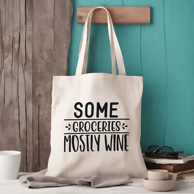 ELLIEBEANPRINTS Some Groceries Mostly Wine Tote Bag | Premium Tote Bags | Funny Tote Bags