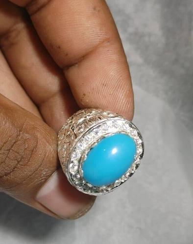 Natural Feroza Ring Mens Turquoise Ring Feroza Stone Ring Sterling Silver 925 - Picture 9 of 11