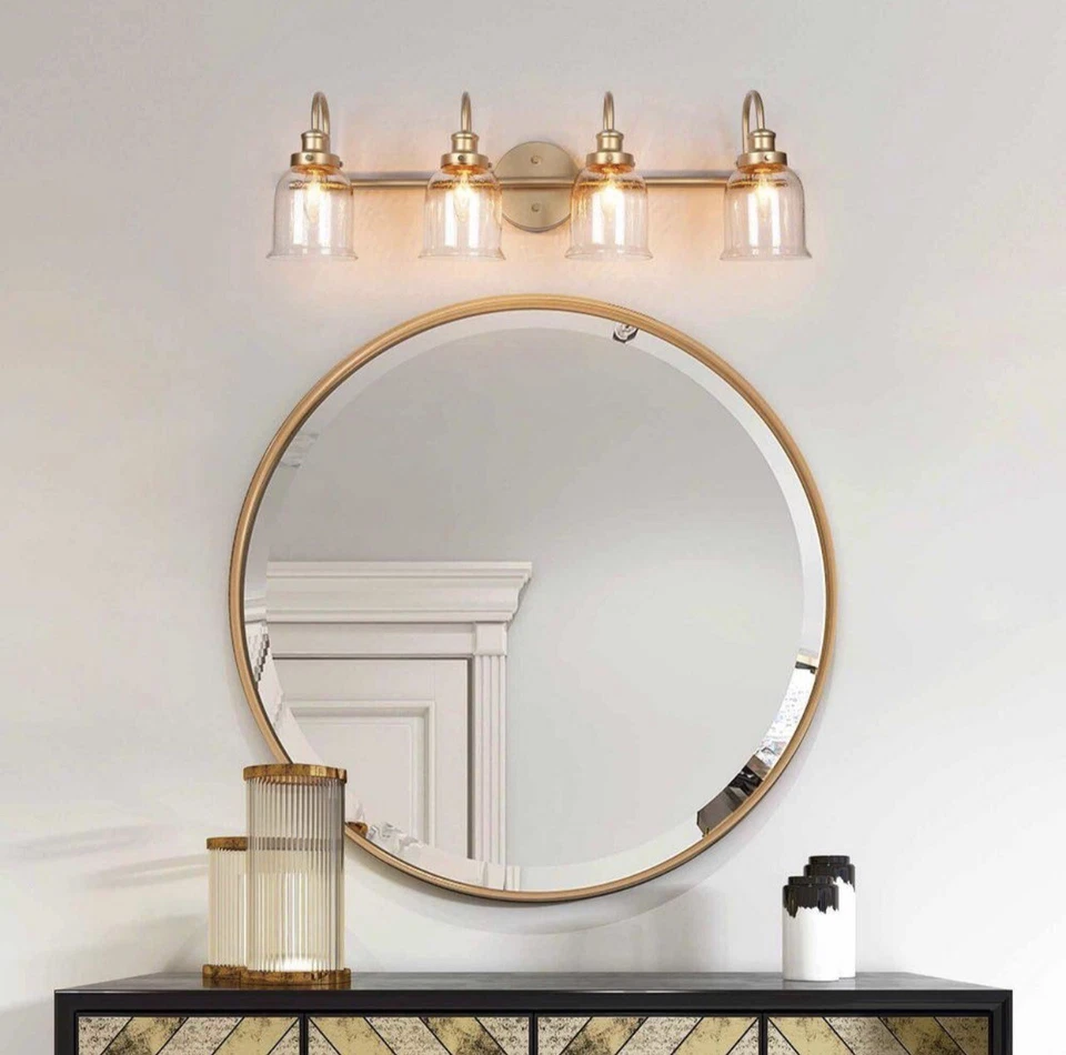 Gold Bathroom Light Fixtures, 4-Light Bathroom Vanity Light with Seeded Glass - Image 4 of 4