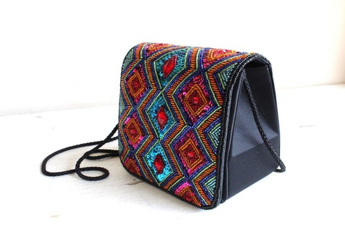 Accessory Lady Beaded Chevron Box Evening Purse Black Satin Rainbow Sequins - Picture 4 of 9