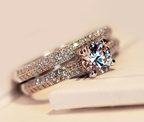 Set 2 PC Couple Luxury Diamond Ring Crystal Rings Halo Starry Engagement Wedding