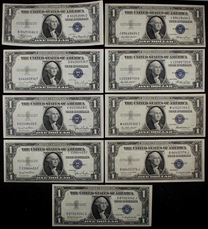 Old Money LOT of 9 1935 $1 Silver Certificates various series XF/AU BD9025