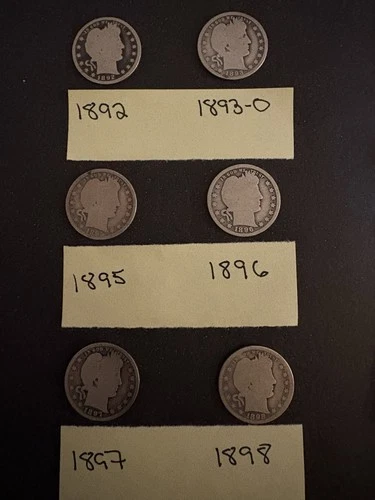 Barber Quarters Lot Of 6-1882 1883-O 1895 1896 1897 1898-90% Silver