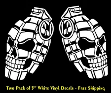 Skull Hand Grenade Two PK 5" Mirrored White Decals Car Truck Van Windows Laptop