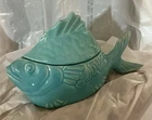 Vintage Bauer Chicken Of The Sea Blue/Aqua Small Covered Baker USA Pottery