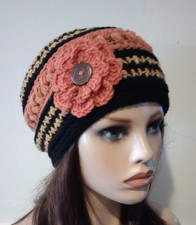 crochet handmade womans flower hat beanie orange groot puffs USA made