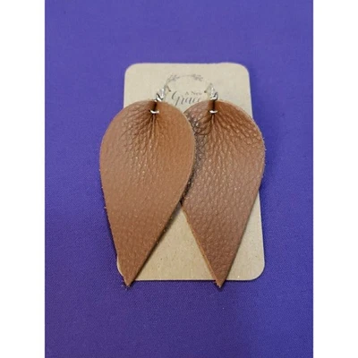 BOHO Faux Tan Pebbled Leather Long Pinched Leaf Pointed Teardrop Design, Pierced - Image 1 of 4