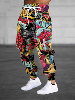 Fashion 3D Abstract Graffiti Print Sweatpants with Drawstring & Pockets