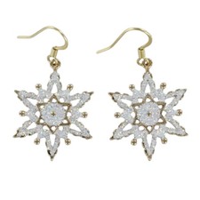 Sparkling Glitter Snowflake Dangle Earrings White Enamel, Gold-Finished