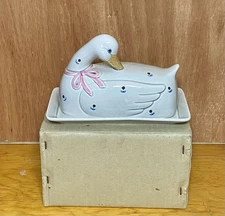 Vintage Otagiri Duck Covered Butter Dish Pink Bow Japan