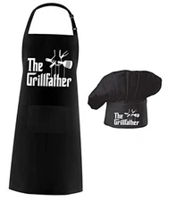  Chef Apron Hat Set,The Grillfather, Adjustable with Pocket for Dad Mon Black