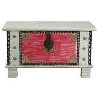 Shabby Chic Holztruhe Truhe Kiste Holz Indien Massiv Antik-Optik Mint Rot 80Cm