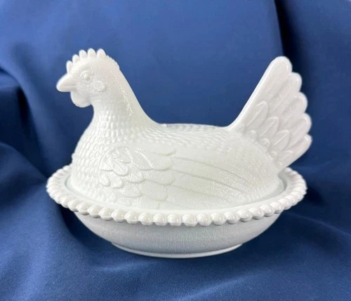 Vintage INDIANA White Milk Glass Hen on Nest 7" Beaded Candy Dish