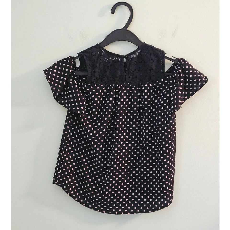 Monteau Girl 黑色白色 Polkadot 衬衫带蕾丝口音 8 码女孩 ~ 经典 — 第 2/4 张图片