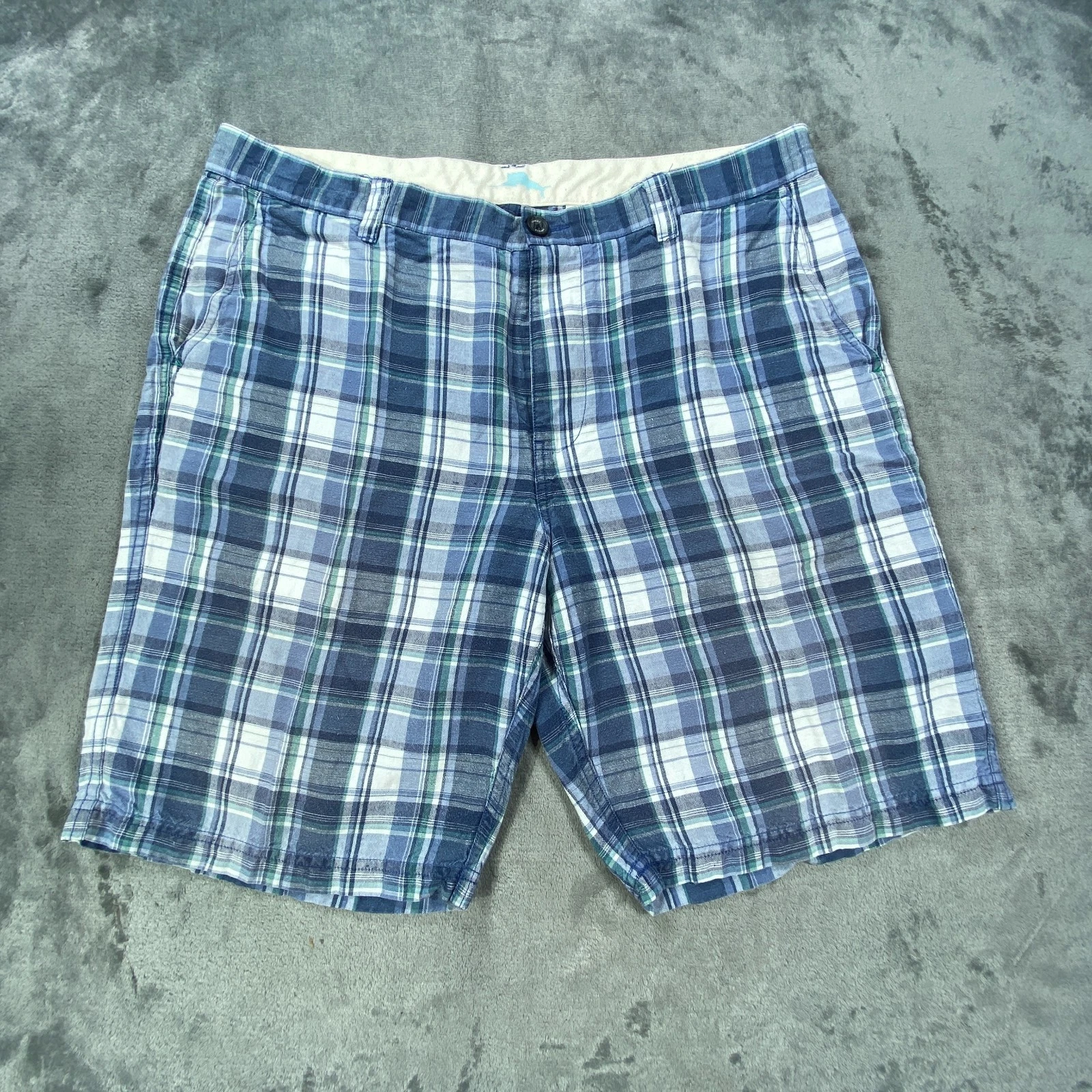 Tommy Bahama Shorts Mens 36 Blue Plaid Linen Tencel Pocket Summer Casual Flat