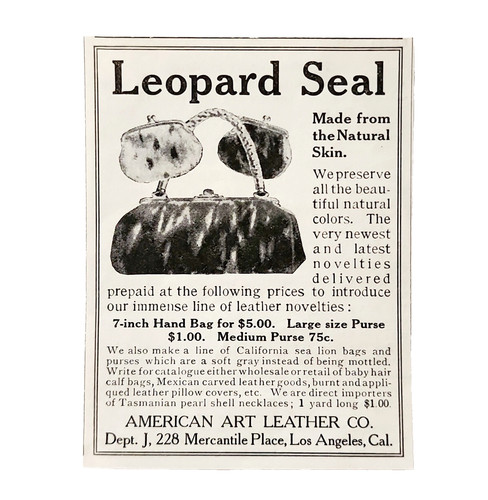 1905 Leopard Seal Skin Purse Handbags Advertisement American Art Leather