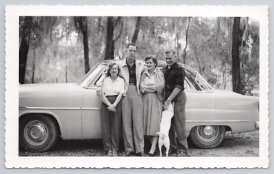 Vintage Photo Two Couples Posing in Front of Ford Car White Dog c1960