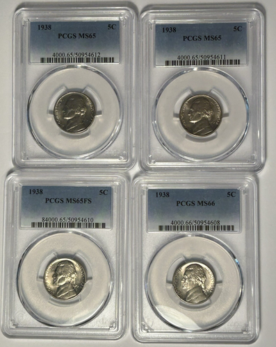 1938 JEFFERSON NICKEL PCGS MS 65, 66 LOT / 4 COINS - 2 MS 65, 1 MS 65 FS, MS 66