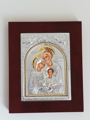 Copie exacte de vieille icône Byzantine en métal argenté et bois