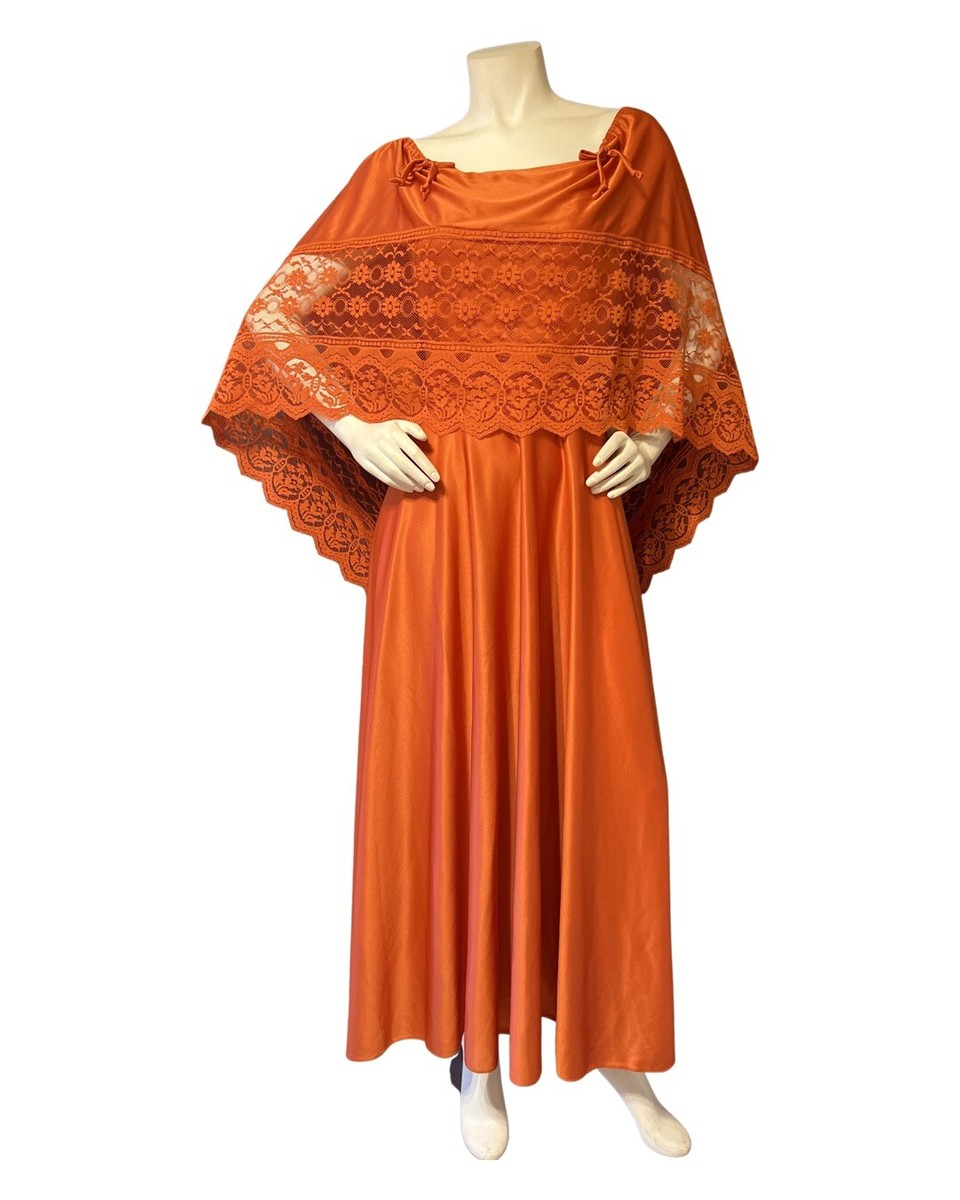 ViTG 70s Knit Jersey Dress Sheer Floral Lace Overlay Disco Party MAXI  Orange S/M | eBay
