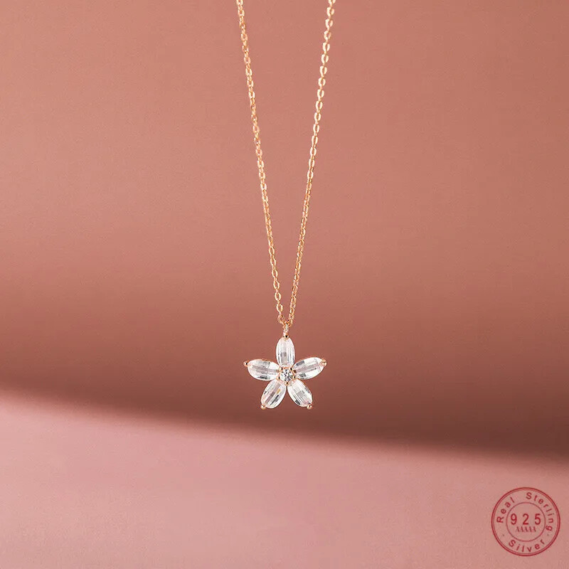 925 Sterling Silver Cherry Blossom Necklace Zircon Pendant Clavicle  Women