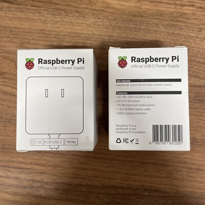 2x Raspberry Pi 4 Model B Official PSU, USB-C, 5.1V, 3A, US Plug, White