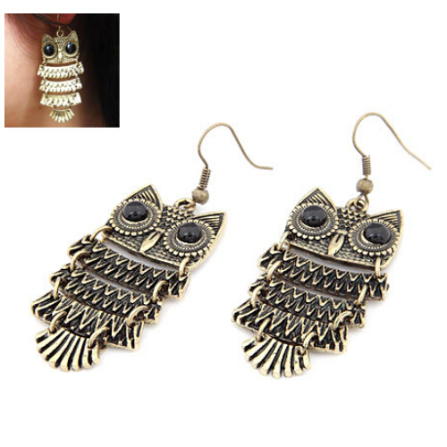 New Retro Vintage Bronze Rhinestone Crystal Owl Pendant Dangle Charm Earrings
