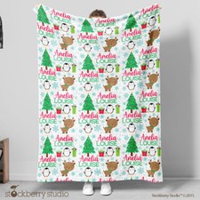Christmas Baby Name Blanket Personalized Gift Monogrammed Nursery Reindeer