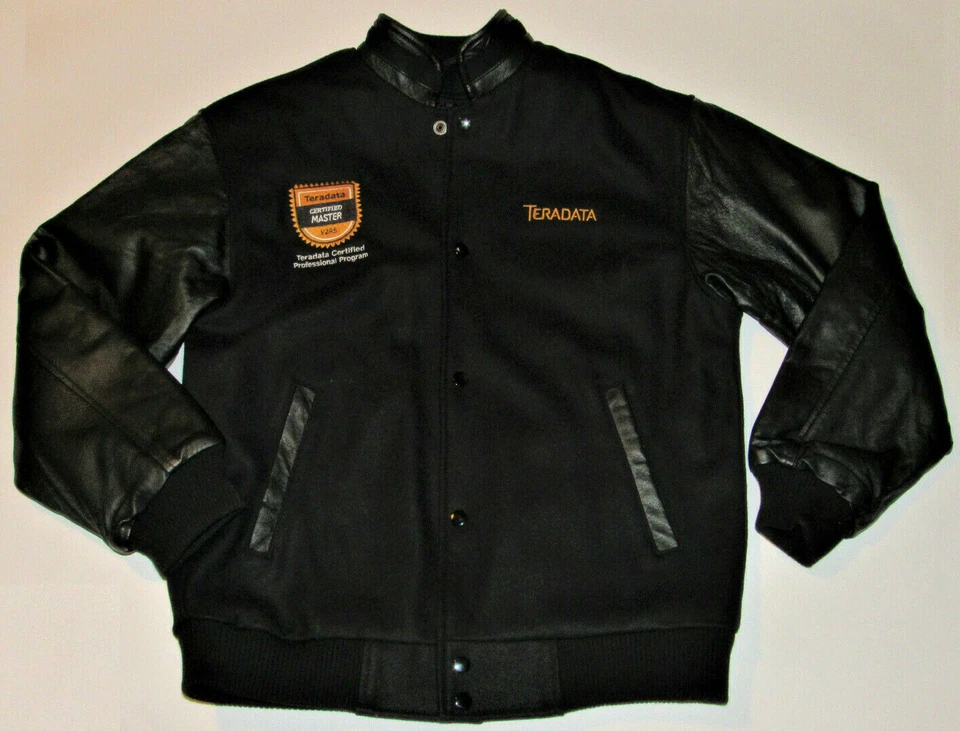 TERADATA 'CERTIFIED MASTER' BLACK WOOL VARSITY JACKET! LEATHER SLEEVES! NWT! S - Image 4 of 4