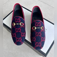 GUCCI Jordaan GG Monogram Horsebit Wool Flat Loafers Navy Blue Red EU 37 US 7