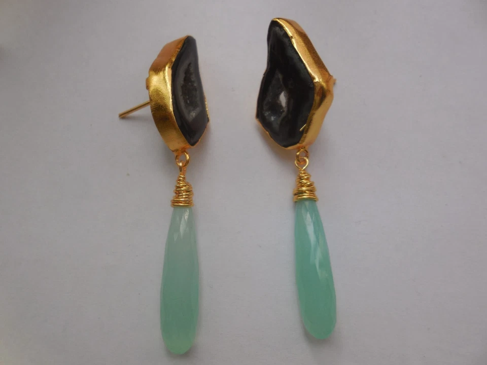 Druzy Chandelier Earrings Elongated Chalcedony Drop Gemstone Gold Plated Jewelry - Image 3 of 4