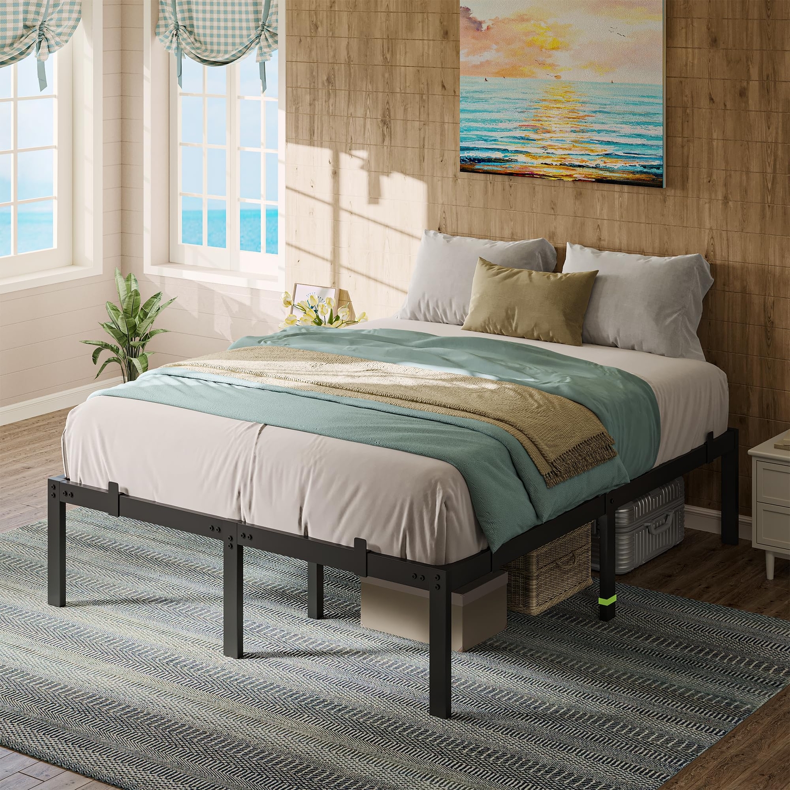 Metal Queen Bed Frame, 14 Inch Platform Bed with 6 Mattress Slide Stoppers, H...