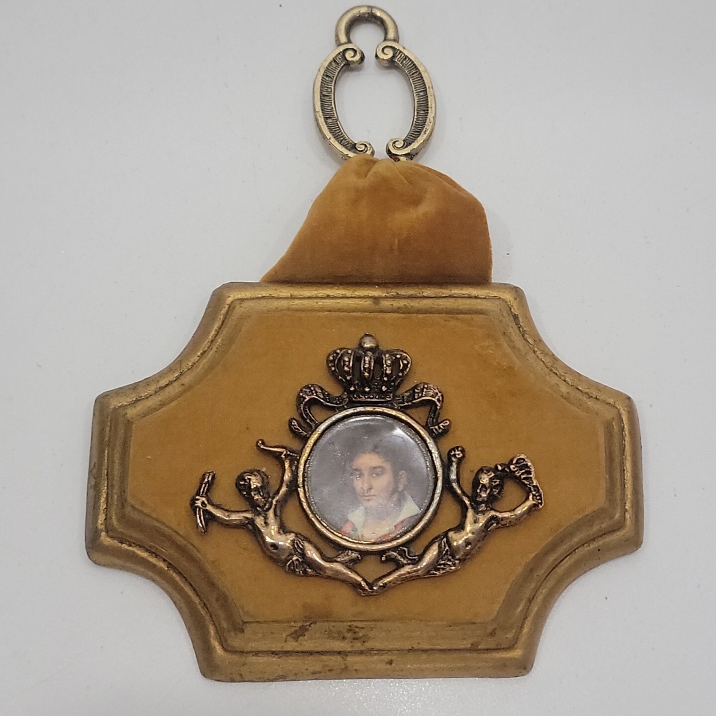 MCM Jaru Plaster & Gold Velvet Art Plaque With Cupids & Portrait Medallion