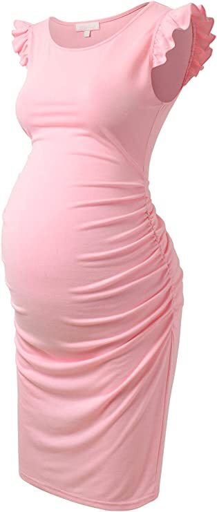 pink ruched maternity dress Maya Ruched Bodycon Maternity Dress in Baby Pink XS
