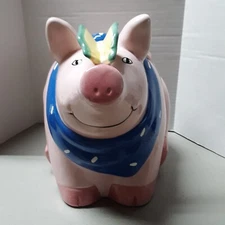 Coco Dowley Pink Pig w/ Butterfly Large Ceramic Cookie Jar Vintage Taiwan