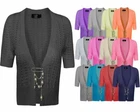 LADIES WOMENS CROCHET KNITTED SHORT SLEEVE SHRUG BROOCHED CARDIGAN CROP TOP 8-14