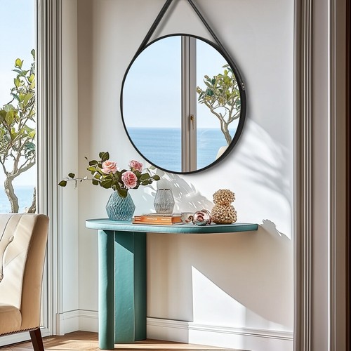 Round Bathroom Mirror Wall Hanging Vanity Mirrors with Strap,Metal Frame Decor - Picture 2 of 33