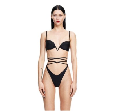 Mugler x H&M Bikinihose zum Binden + gepolstertes Bikinioberteil Set schwarz