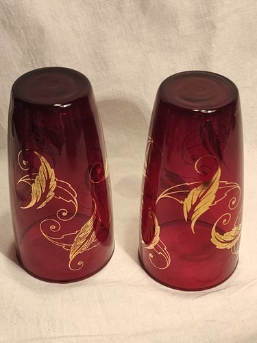 Vintage Ruby Red Tumblers Highball Glasses With Gold Gilded Leaves Set of 2 - Picture 9 of 9