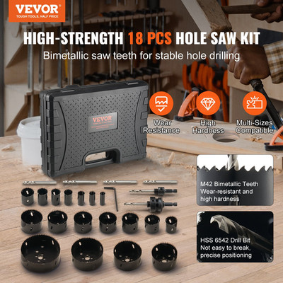 18PCS Bi-Metal Hole Saw Kit M42 with Drill Bits & Case for Wood Plastic Metal