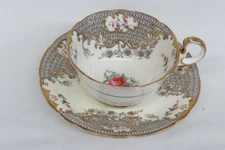 Aynsley Bone China Teacup and Saucer Ivory Cream Gold and Flowers 4505B