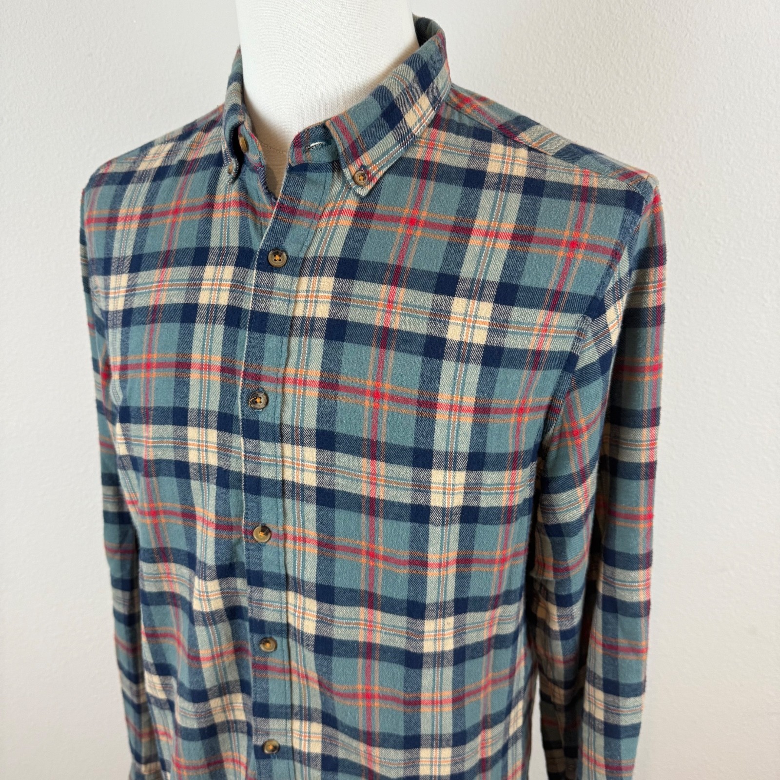 Denim Flower Ricky Singh Men’s Shirt Large Blue Plaid Cotton Flannel Button Down