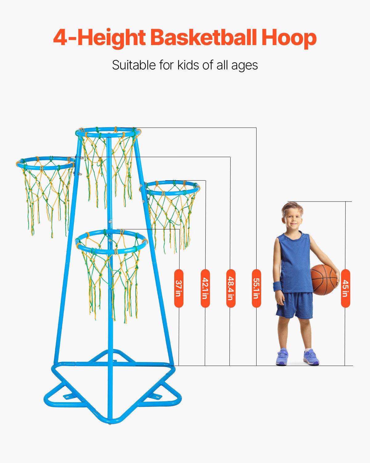 Kids Basketball Hoop 4-Hoop Portable Basketball Stand with Adjustable Heights