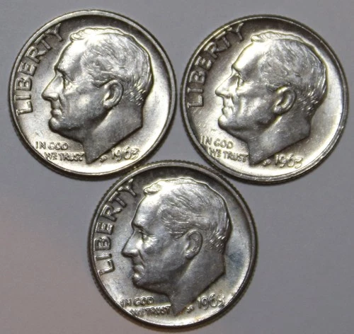 (3) 1963-D Roosevelt Dimes - About Uncirculated - #1423E - FREE SHIPPING