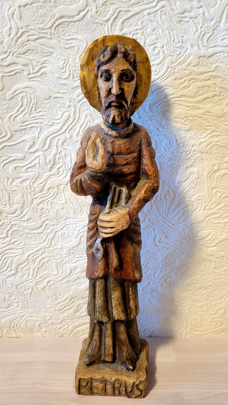 VIntage Wood Carved Religious Statue of Saint Peter / Petrus made in Spain