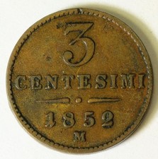 LOMBARDY / VENETIA (Italian State) 3 Centesimi 1852 M - Copper - VF- - 923