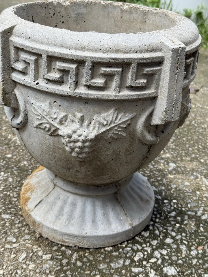 Mid Century Cast Concrete Garden Urn Planter Neoclassical Greek Key Border - Image 2 of 4