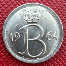 Belgium 1964 Copper-Nickel 25 Centimes. Baudouin I. Dutch Text. KM# 154
