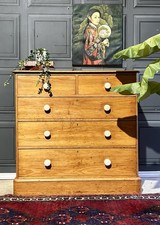 Antique Large Victorian Pitch Pine Original Ceramic Bun Handle Chest Of Drawers